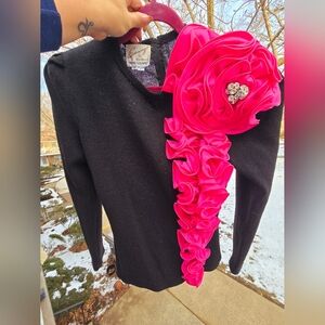 Vtg 80s Raul Blanco Black Hand Loomed Top Satin Flower Pink Crystal Size 10